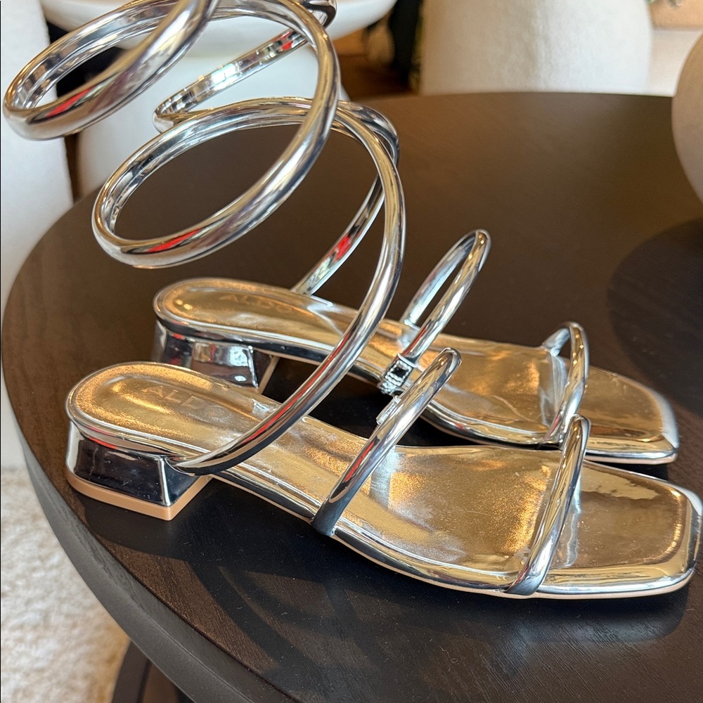Aldo Silver Spiral-Strap Low Block Heel Sandals